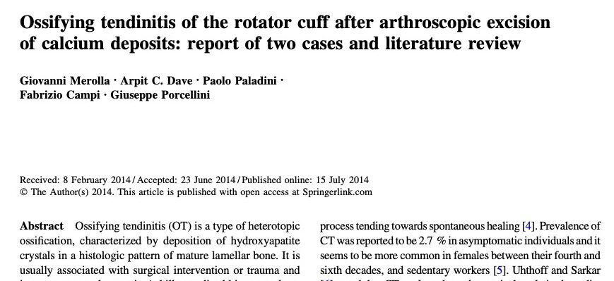 Ossifying tendinitis of the rotator cuff after arthroscopic excision of calcium deposit