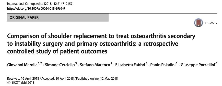 Comparison of shoulder replacement to treat osteoarthritis secondary to instability surgery and primary osteoarthritis: a retrospective controlled study of patient outcomes