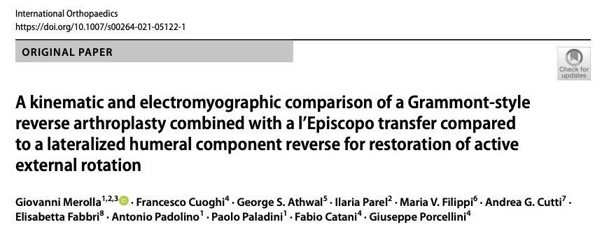 A kinematic and electromyographic comparison of a Grammont‑style reverse arthroplasty combined with a l’Episcopo transfer compared to a lateralized humeral component reverse for restoration of active external rotation